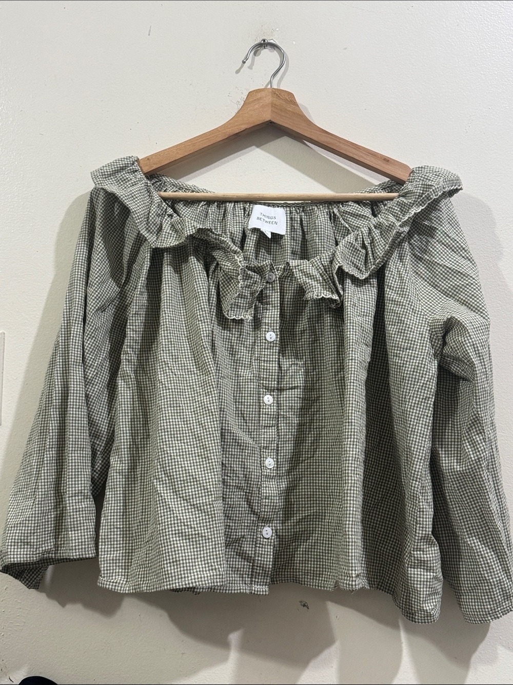 THINGS BETWEEN Ruffled Off-Shoulder Button-Front Blouse in Sage Gingham